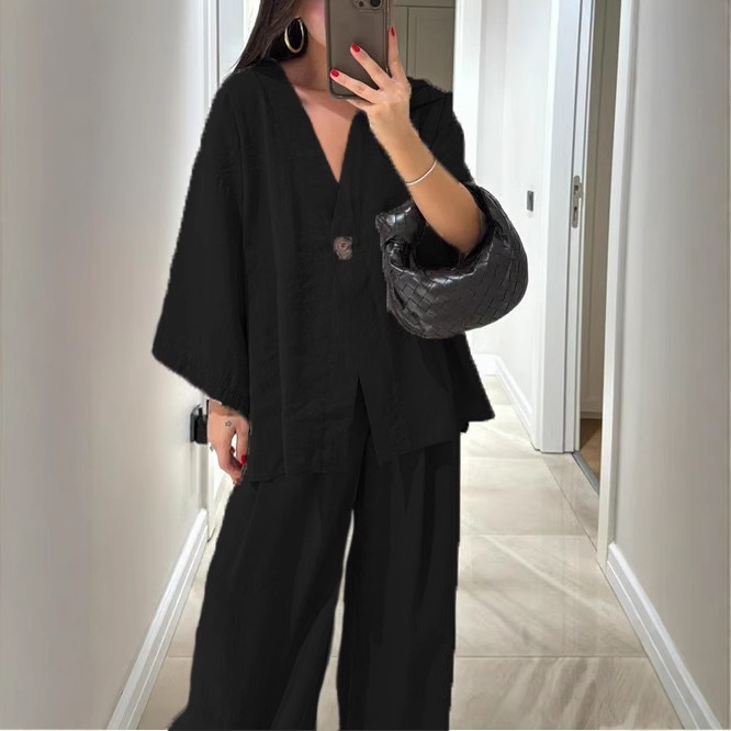 Women's V-Neck Top and Wide-Leg Pants Casual Set
