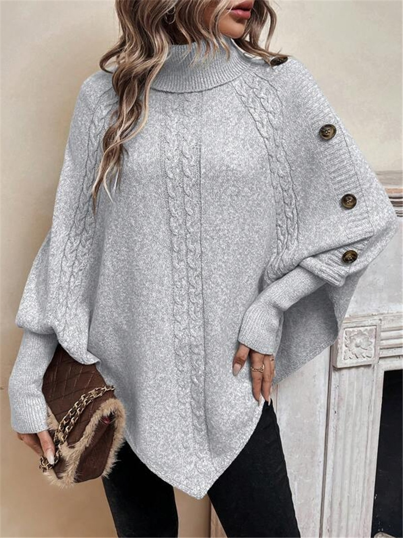 Cable-Knit Turtleneck Button-Trim Batwing Sweater