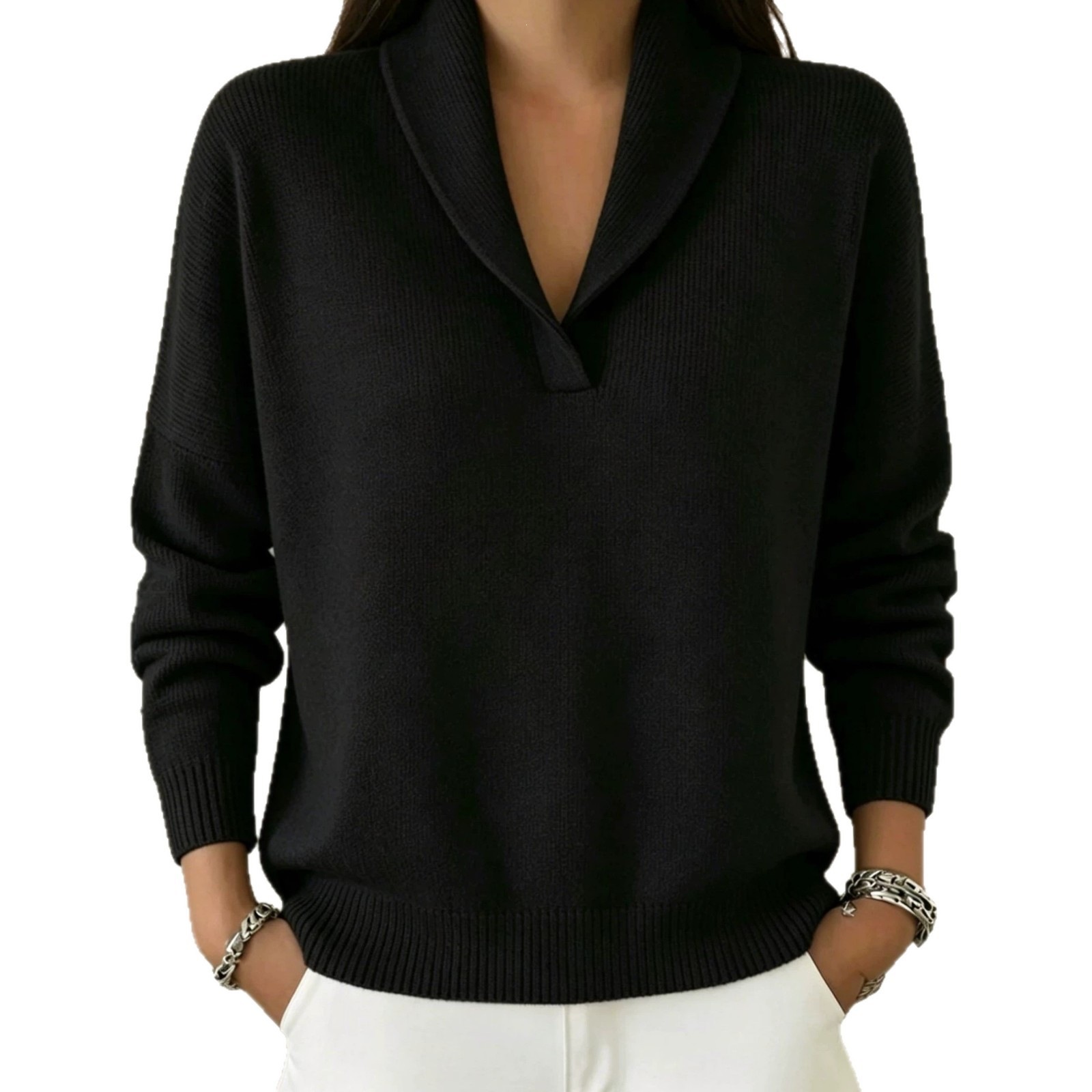 Women's Shawl Collar Knit Sweater Loose Drop Shoulder Solid Color Pullover