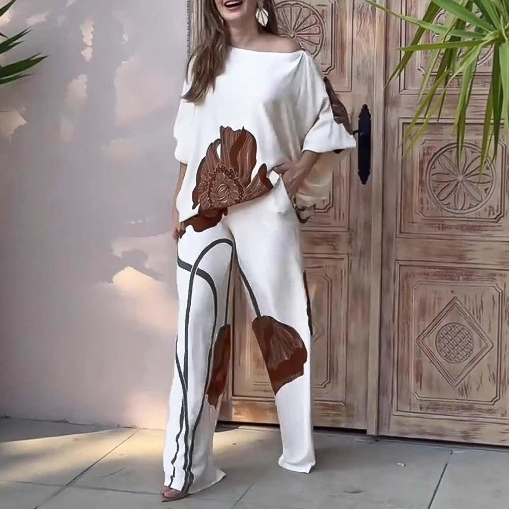 Floral Print Satin Batwing Sleeve Top and Straight-Leg Pants Set