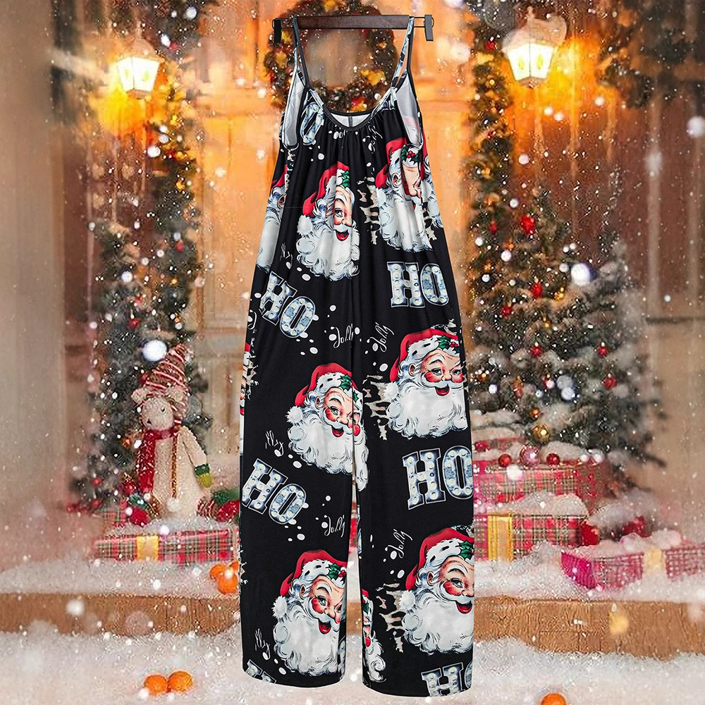 Christmas Pocket Sleeveless Jumpsuit Streetwear