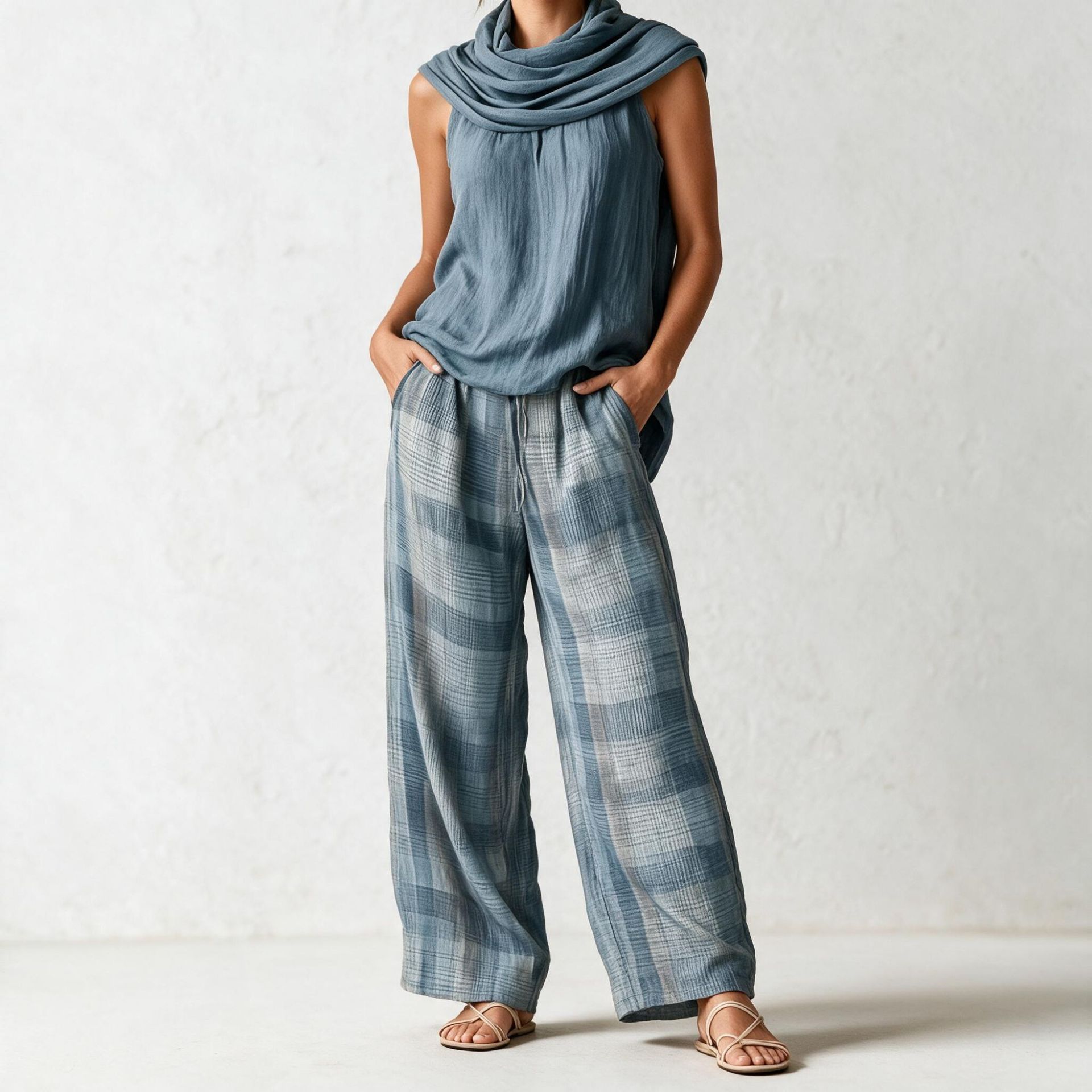 Women's Retro Sleeveless Top and Plaid Pants Set