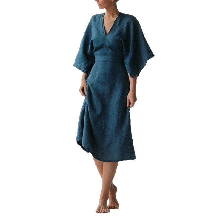 V-Neck Loose Cotton-Blend Short-Sleeve Midi Dress