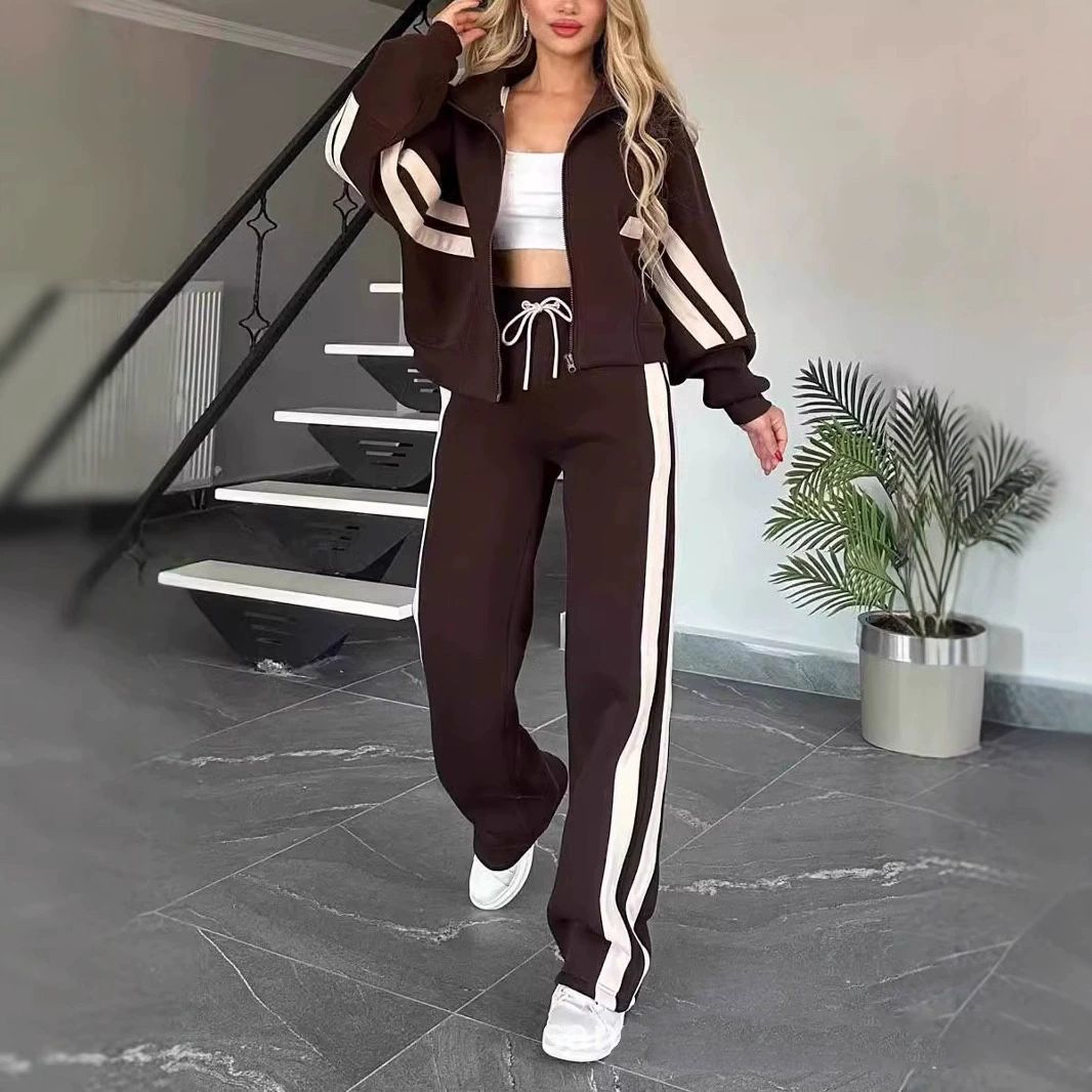 Women's Colorblock Two-Piece Lounge Set Zip Cardigan & Wide-Leg Pants