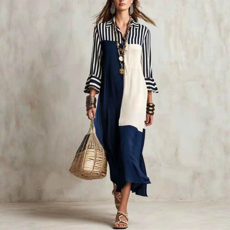 Striped Color-Block Shirt Dress with Three-Quarter Sleeves and V-Neck