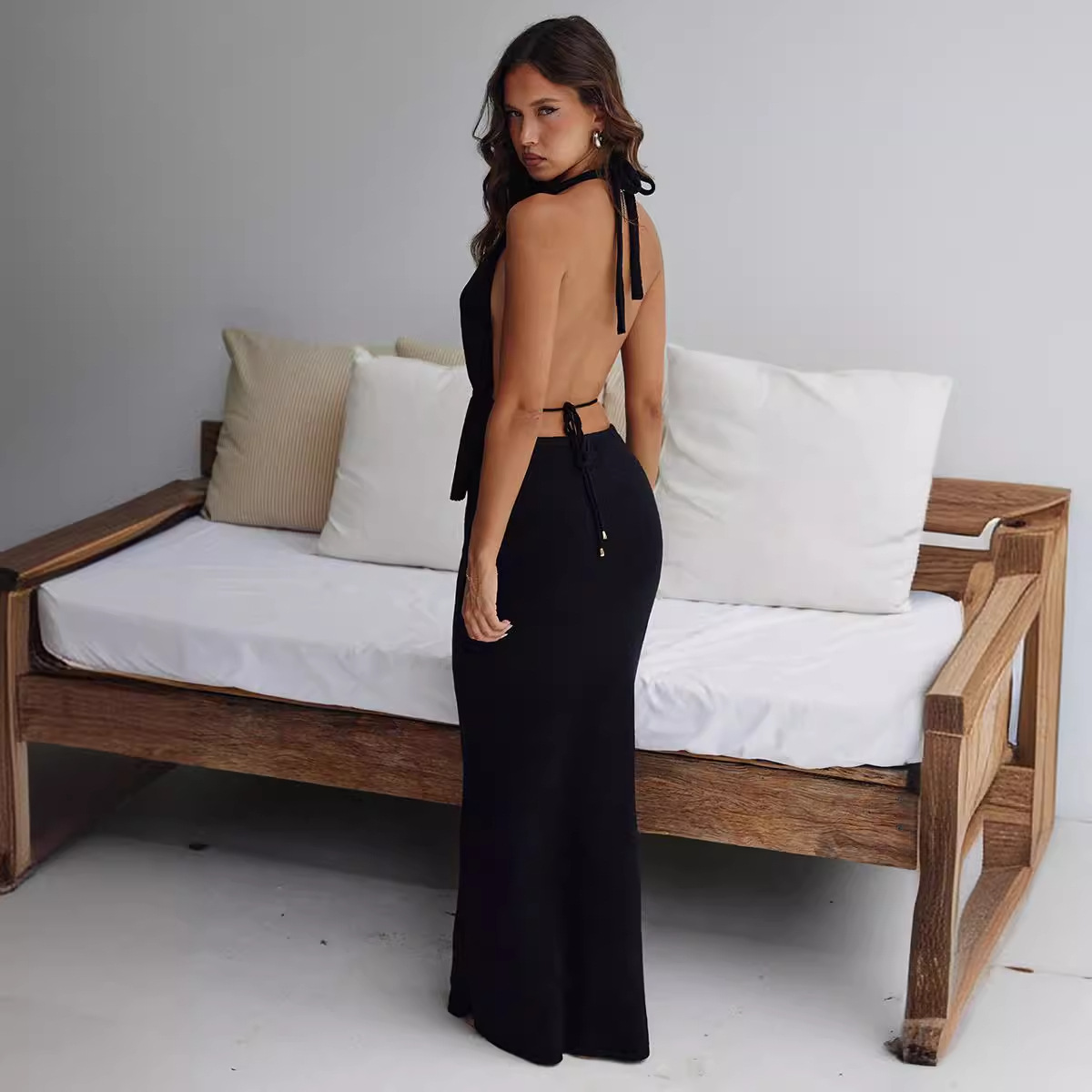 Low-Cut Sleeveless Backless Knit Top and Bodycon Midi Skirt Set