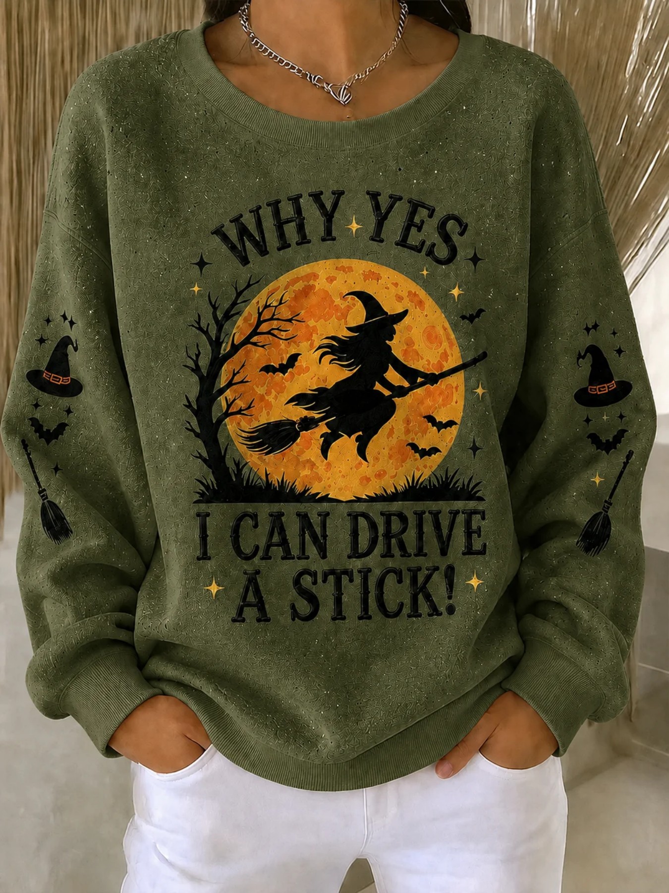 Halloween Witch Broom Flying Print Crewneck Long Sleeve Sweatshirt