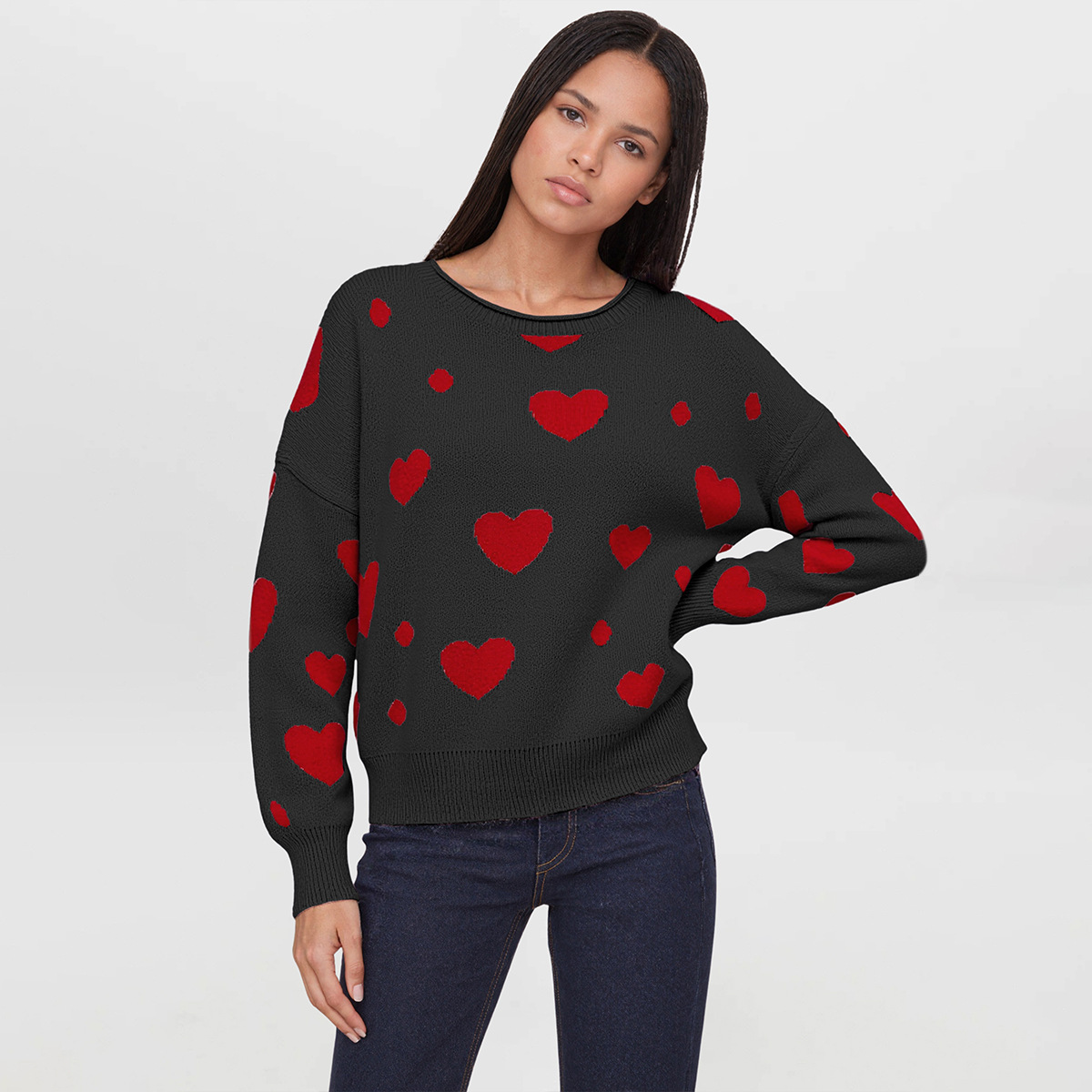 Polka Dot Heart Crewneck Pullover Sweater
