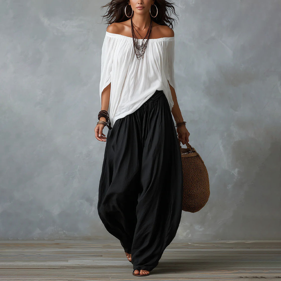 Women's Casual Solid Color Loose Top and Wide-Leg Pants Two-Piece Set