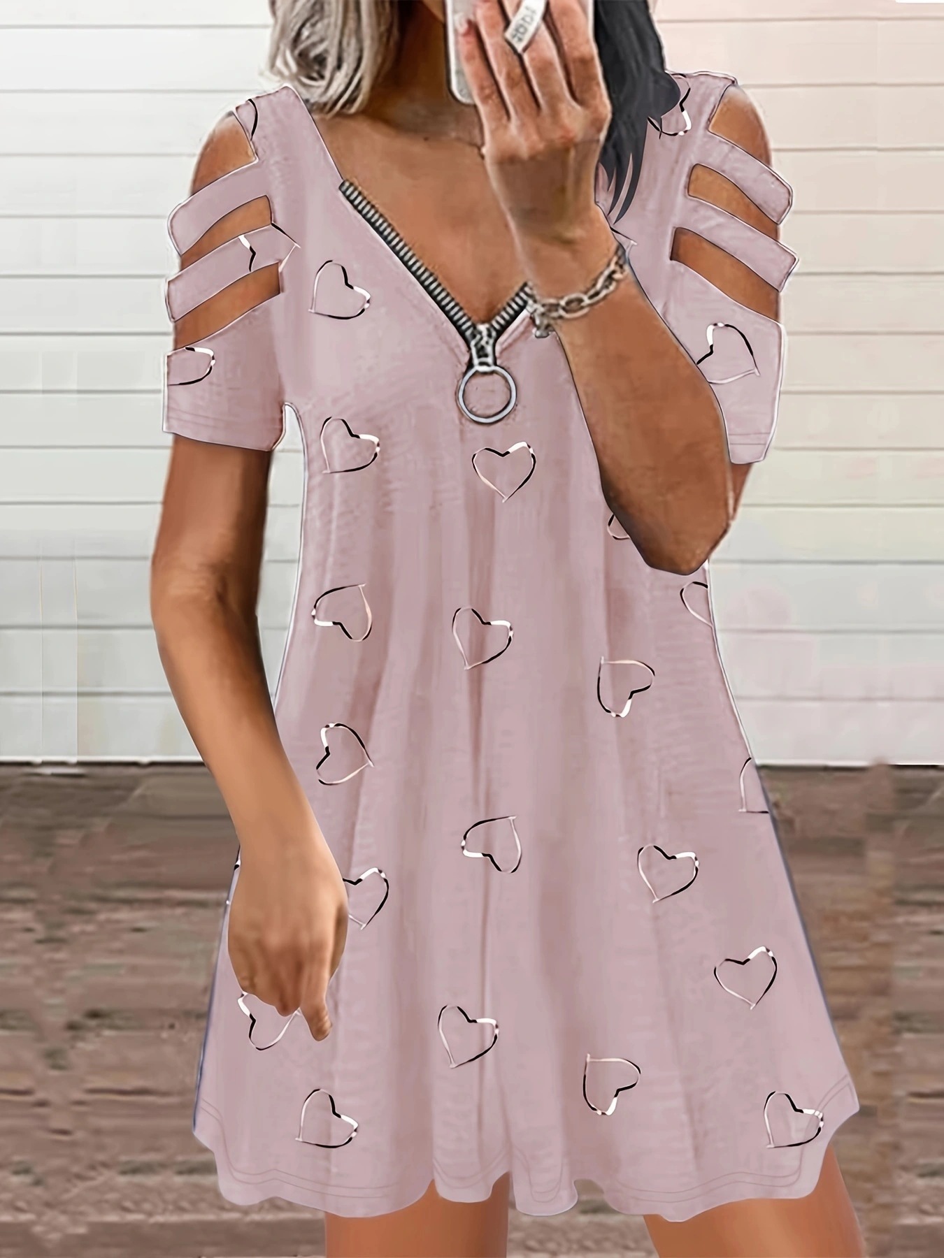 V-Neck Zip Short-Sleeve Printed Off-Shoulder Loose Casual Dress