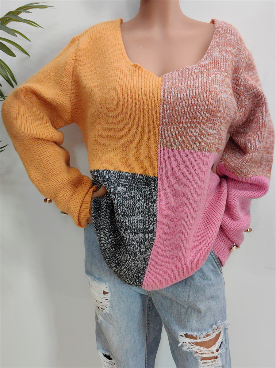 Color Block Patchwork Loose Knit Sweater with U-Neck and Button Sleeves