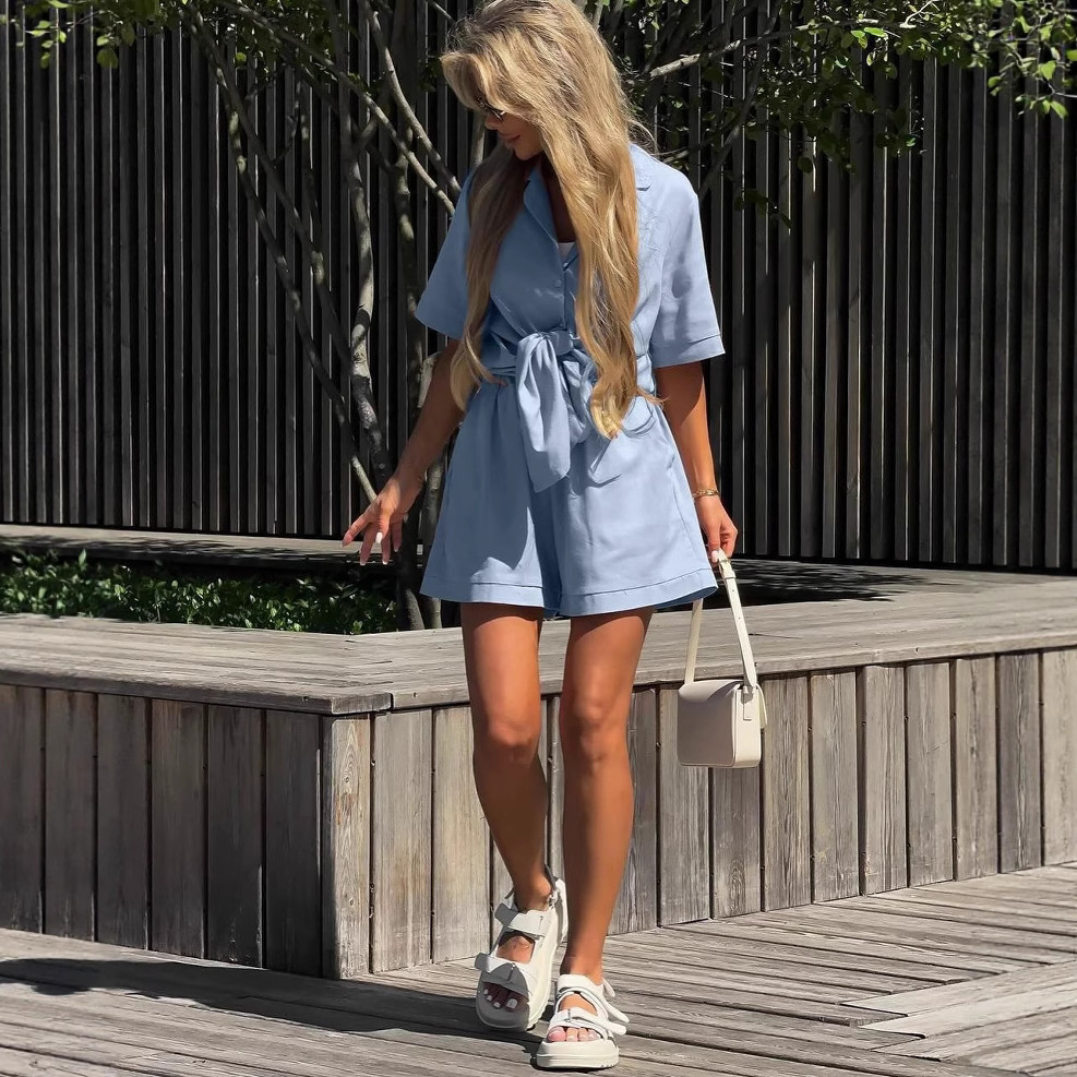 Women's Collared Tie-Front Short Sleeve Shorts Casual Set