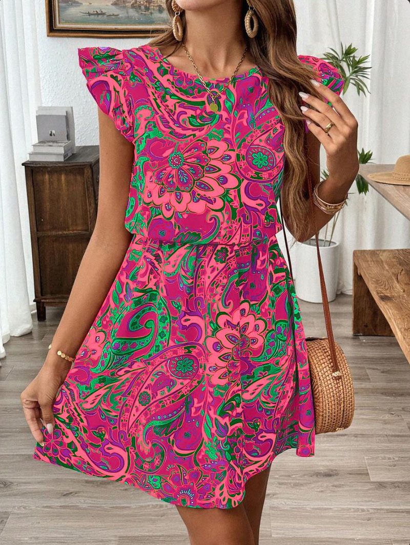 Floral Print Tie-Front Flutter Sleeve A-Line Dress