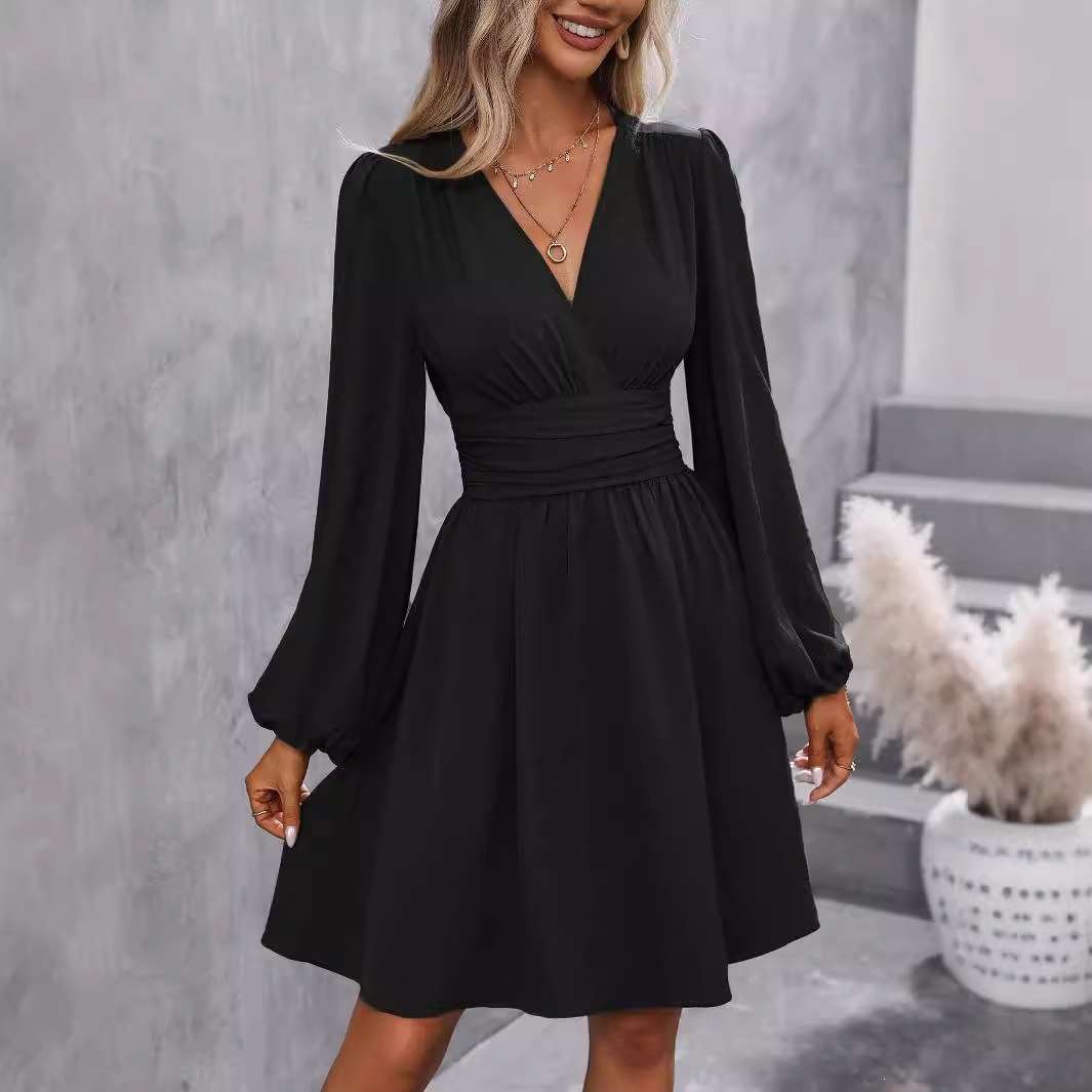 Asymmetric Collar Lantern Sleeve Ruched Waist A-Line Dress