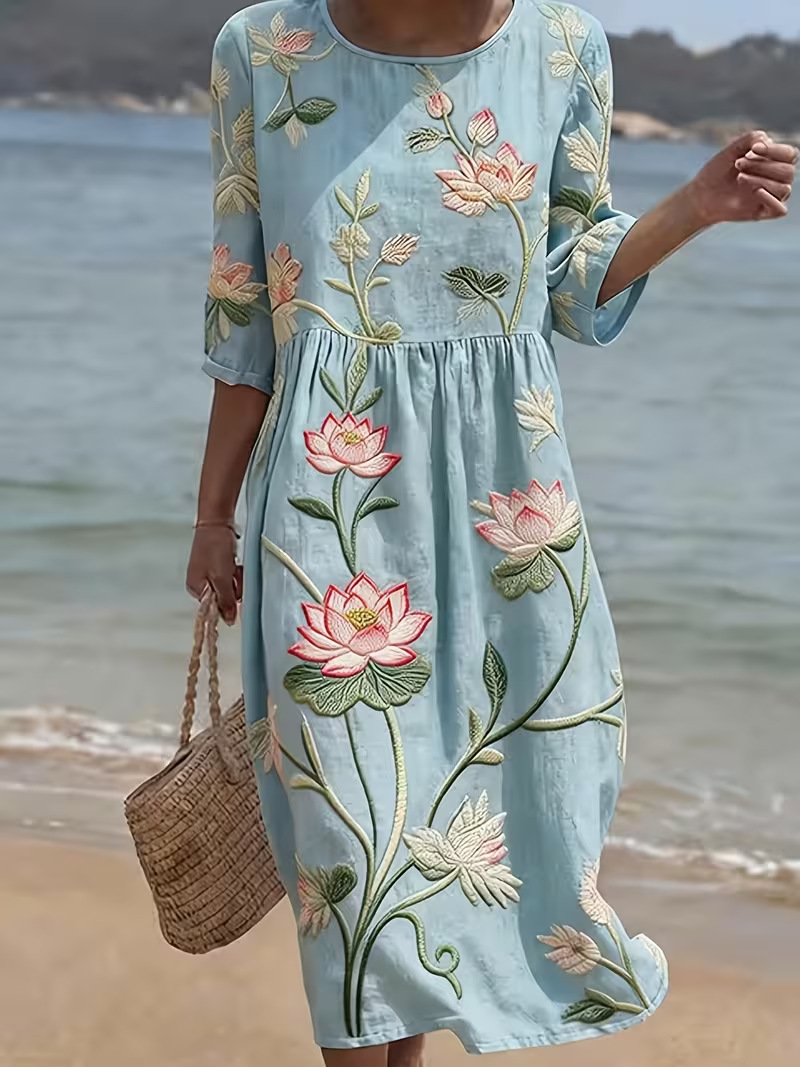 Women's Floral Pleated Midi Dress Round Neck Five-Sleeve Slim Fit