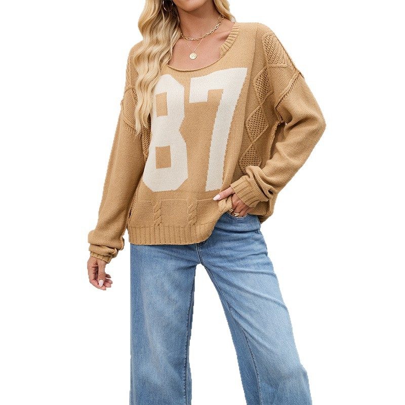 Women's Colorblock Knit Pullover Sweater Loose Long Sleeve Crew Neck