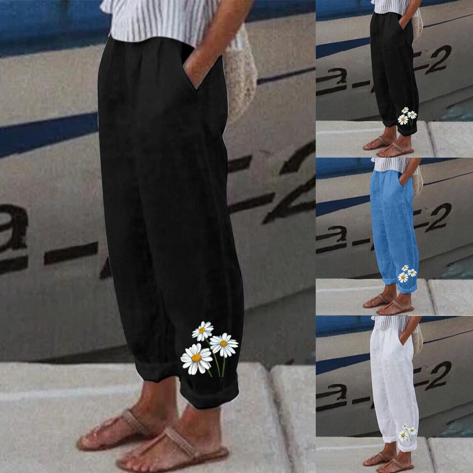 Women's Daisy Print Straight-Leg Casual Pants