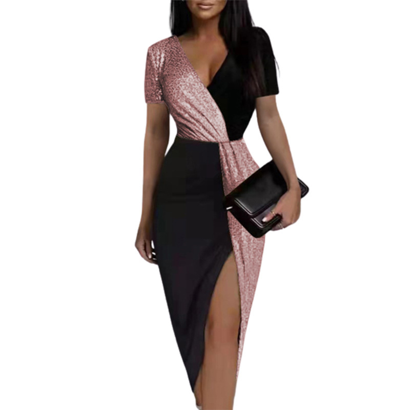 Color-Block Sequin V-Neck Short-Sleeve Dress