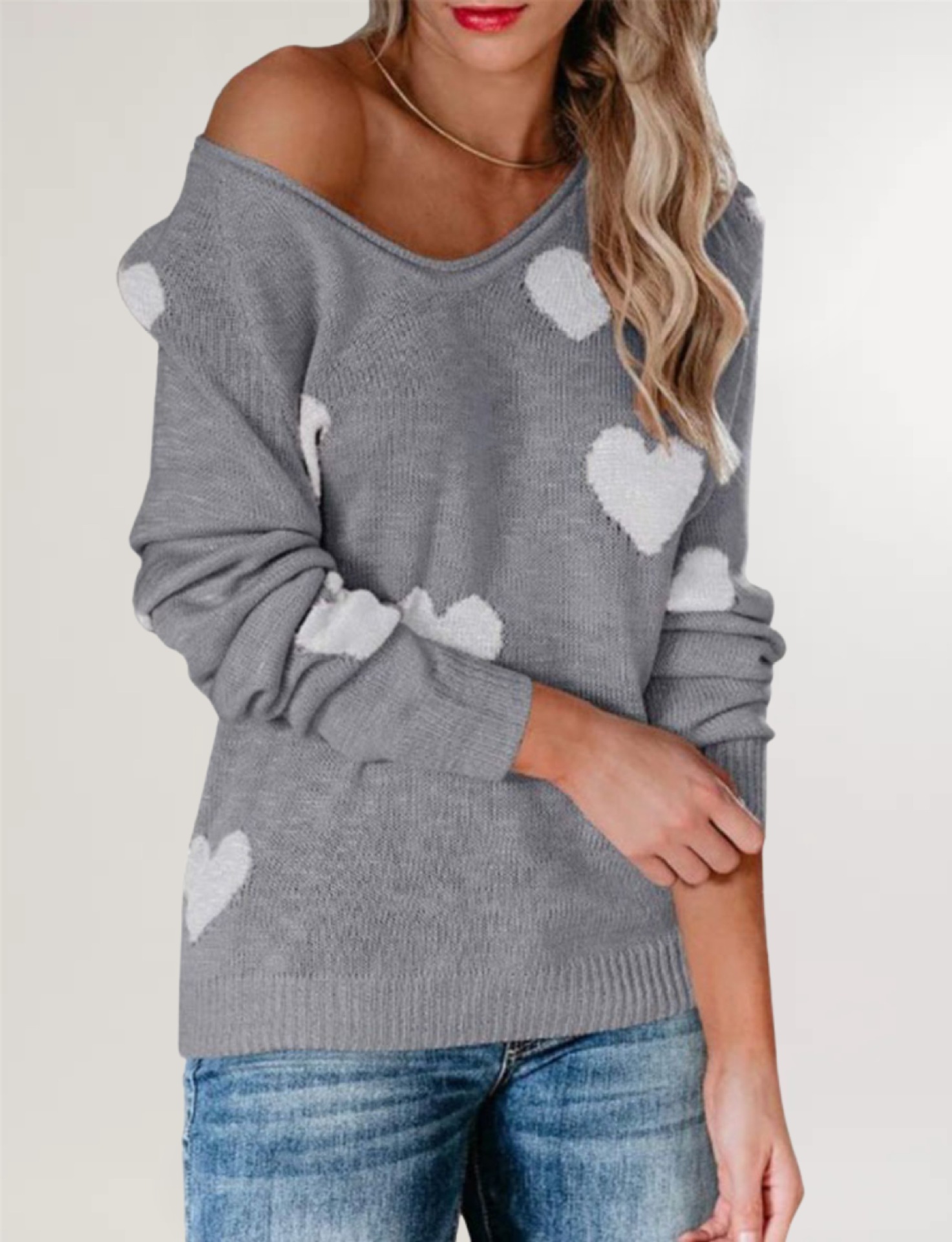 Women's Loose Heart V-Neck Knit Sweater