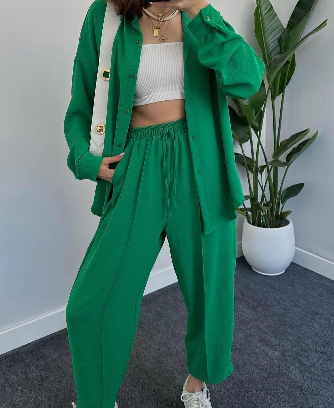 Women's Casual Two-Piece Set with Loose Collared Shirt and Tie-Waist Pants