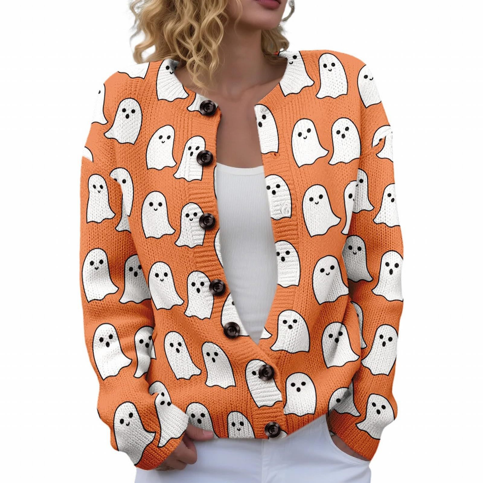 Women's Halloween Ghost Pumpkin Print Button Cardigan Sweater