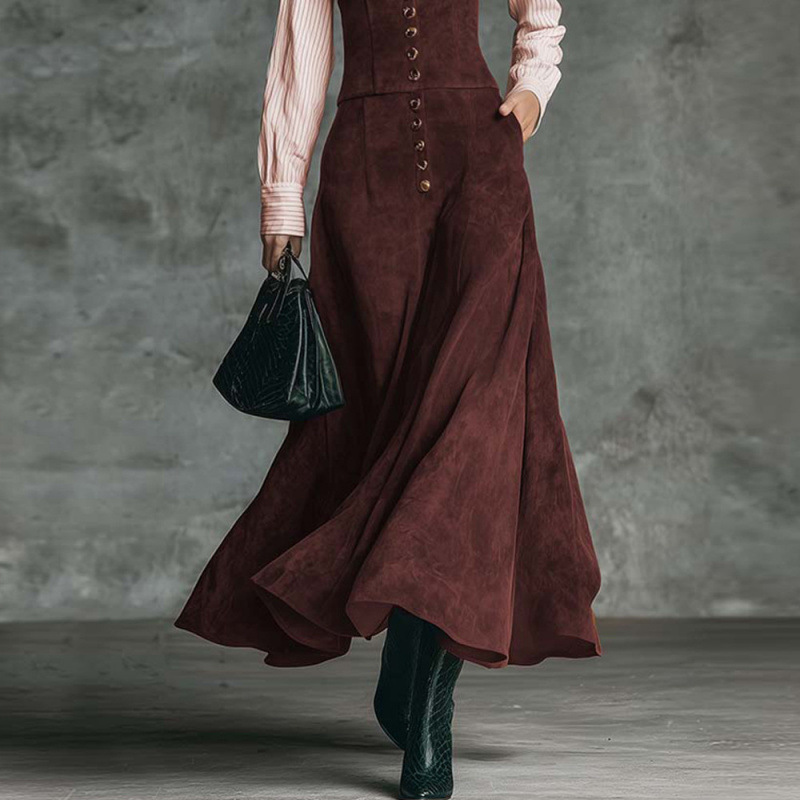 Women's High Waist Slimming Shirt Collar A-Line Dress with Spliced Flared Skirt
