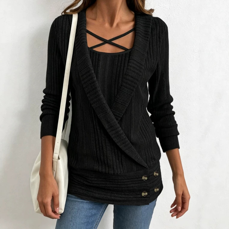Women's Plus Size Cross Strap Faux Two-Piece Ribbed Knit Long Sleeve Top