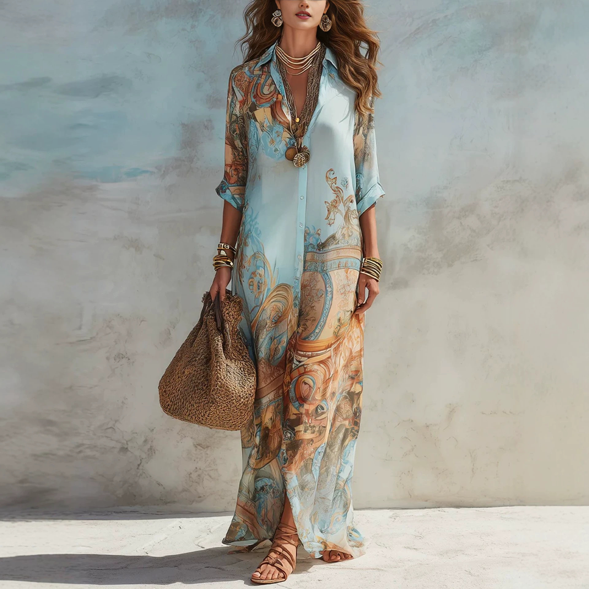 Floral Print Collared Midi Shirt Dress with Puff Sleeves
