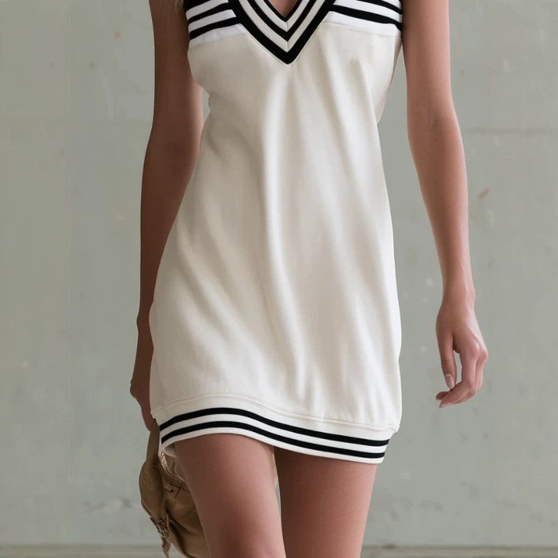 Color-Block Ribbed Sleeveless V-Neck Mini Dress