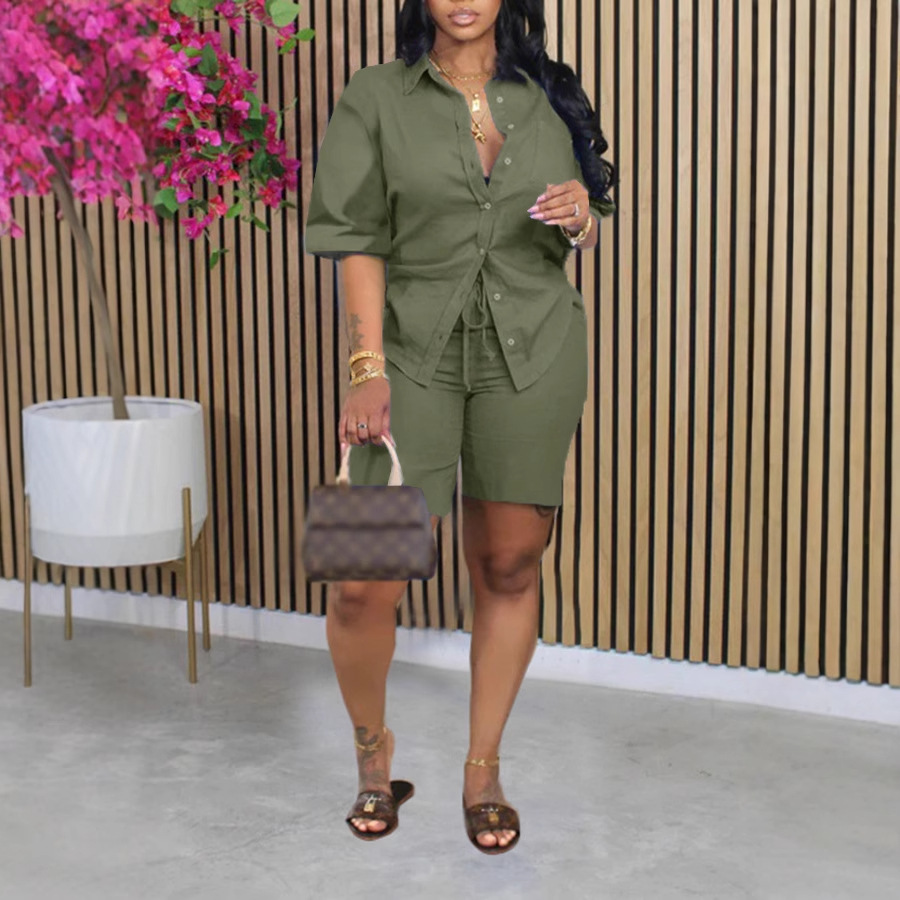 Women's Solid Color Short Sleeve Shirt and Shorts Set