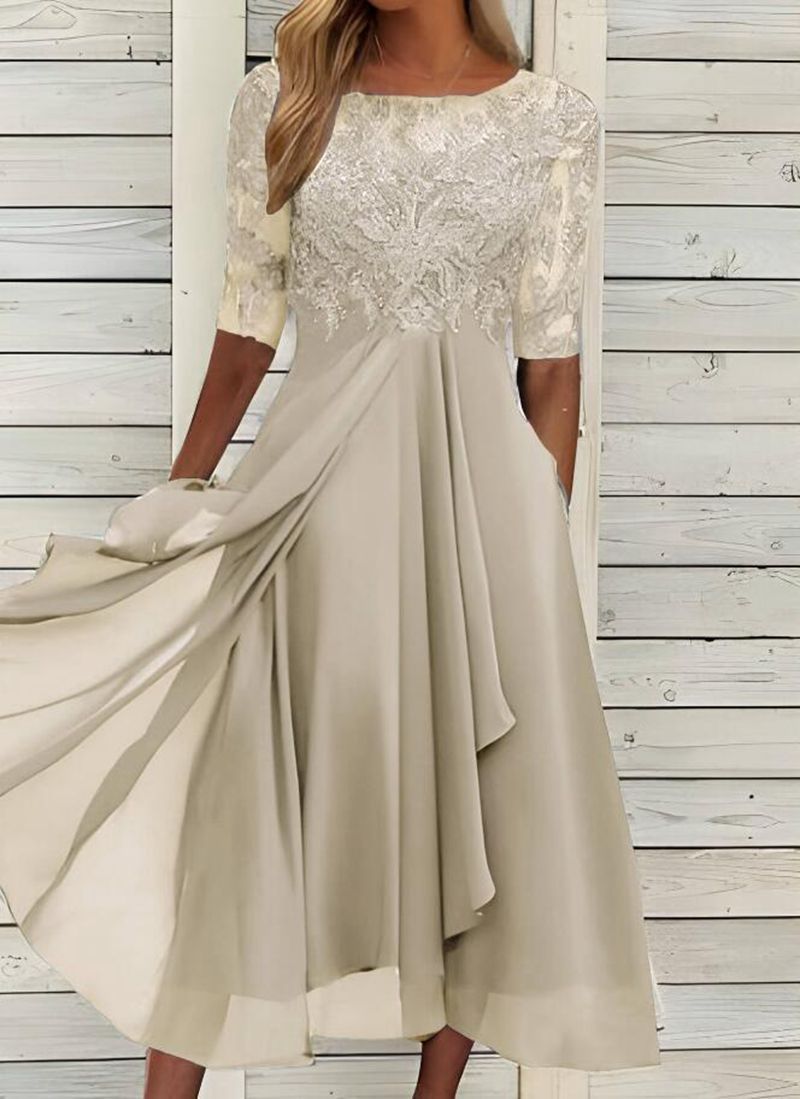 Chiffon Lace Hollow-Out Long Dress Round Neck Short Sleeve High Waist Bridesmaid Evening Gown