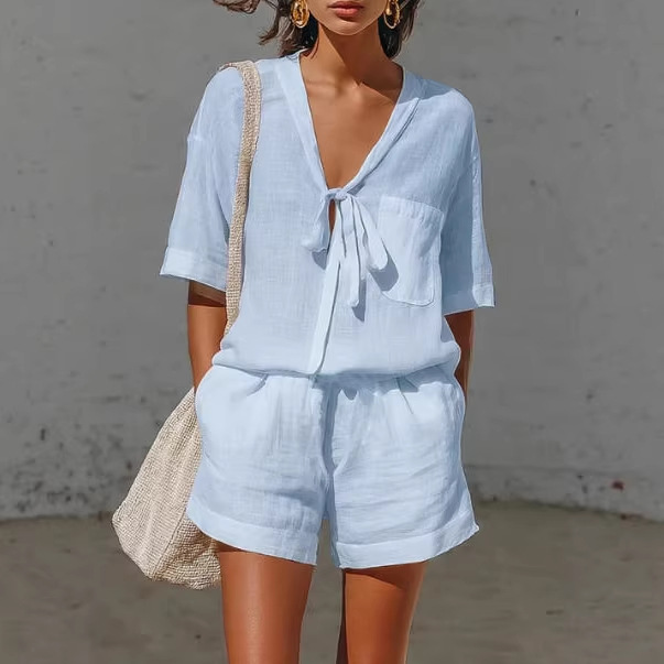 Women's Solid Color Tie-Front Short Sleeve Shirt and Shorts Set