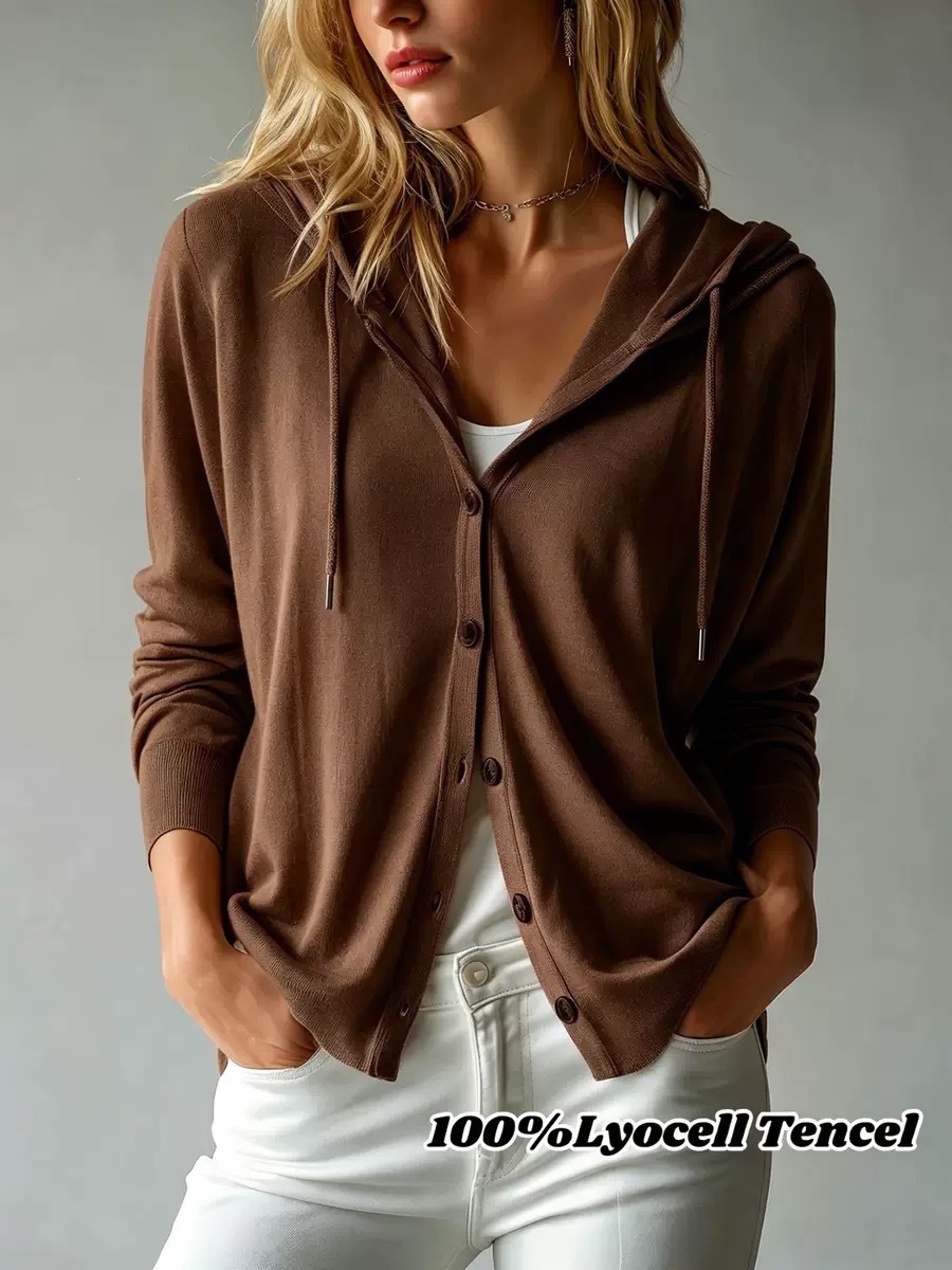 Women's Hooded Knit Cardigan Sweater Solid Color Long Sleeve Loose Fit