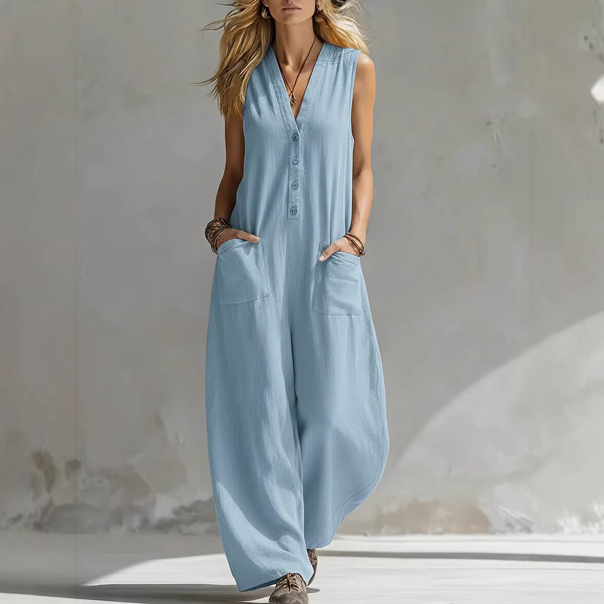 Women's Sleeveless Linen-Cotton Wide-Leg Jumpsuit
