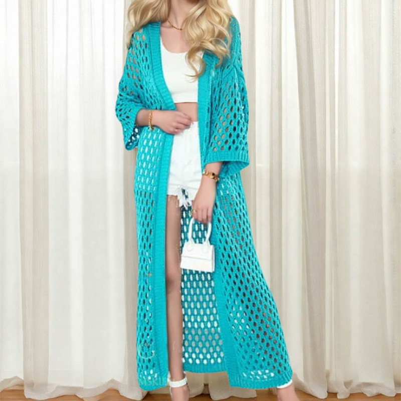 Women's Open-Front Knit Mesh Hollow-Out Beach Cardigan Dress