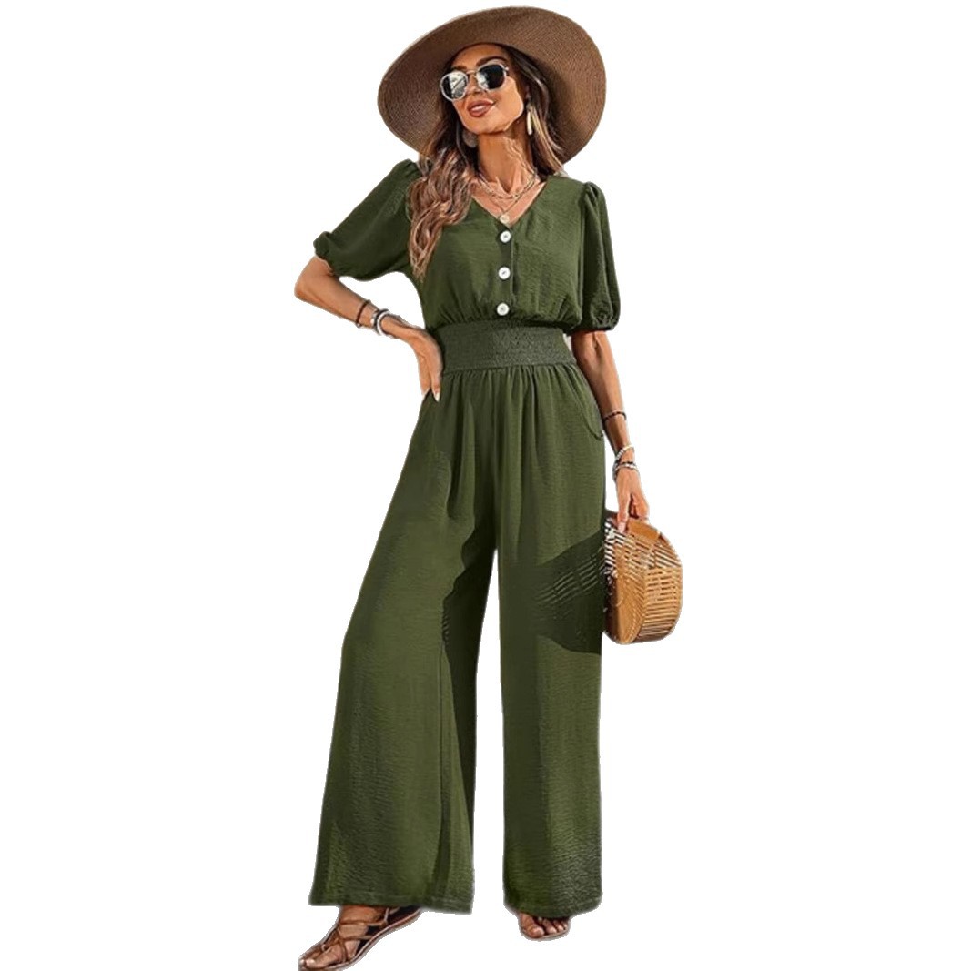 Elegant Short Sleeve Collared Waist-Defined Wide-Leg Jumpsuit