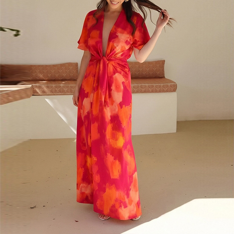 Floral French-Style Long Dress with Deep V-Neck and High Waist