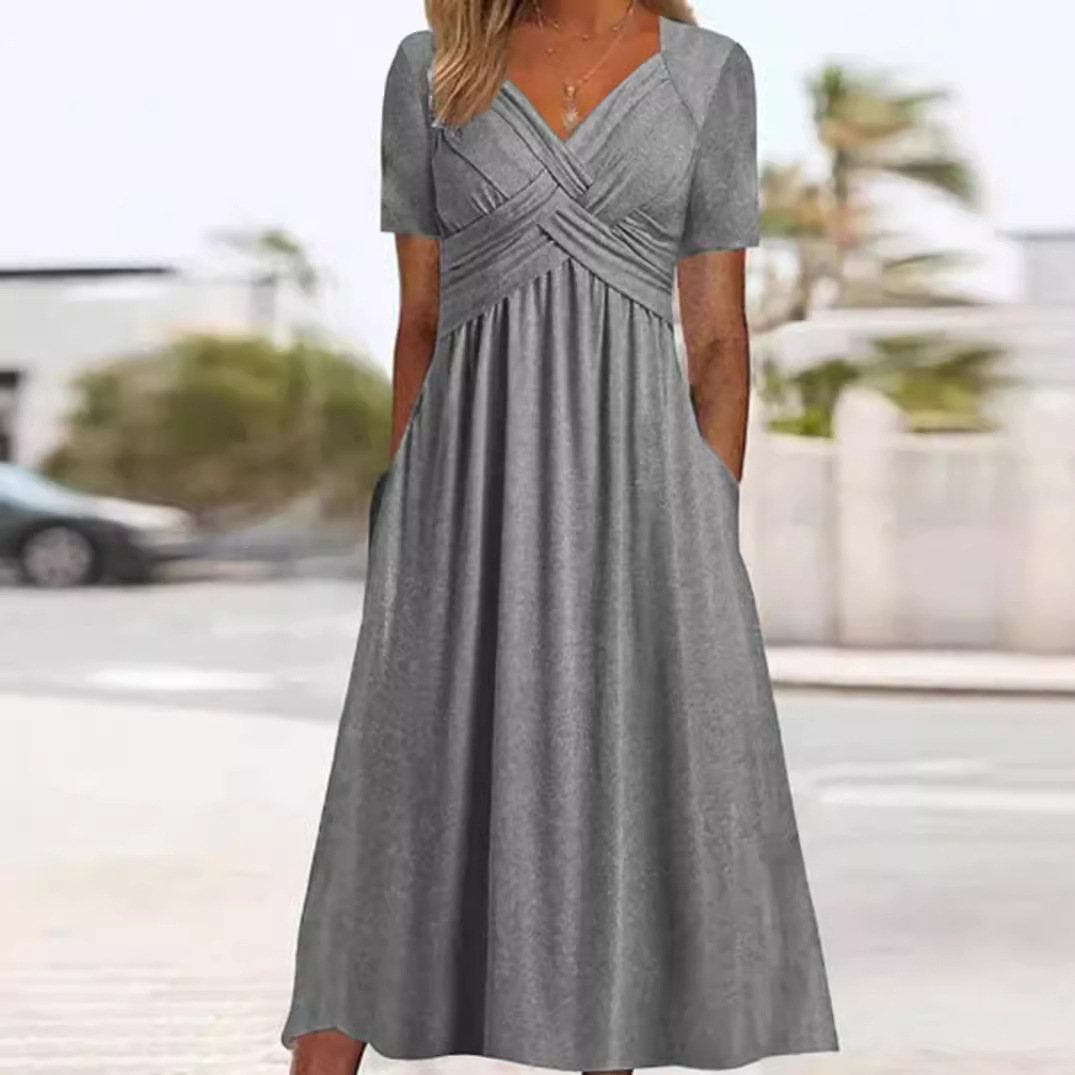 Solid V-Neck Short Sleeve Maxi Dress