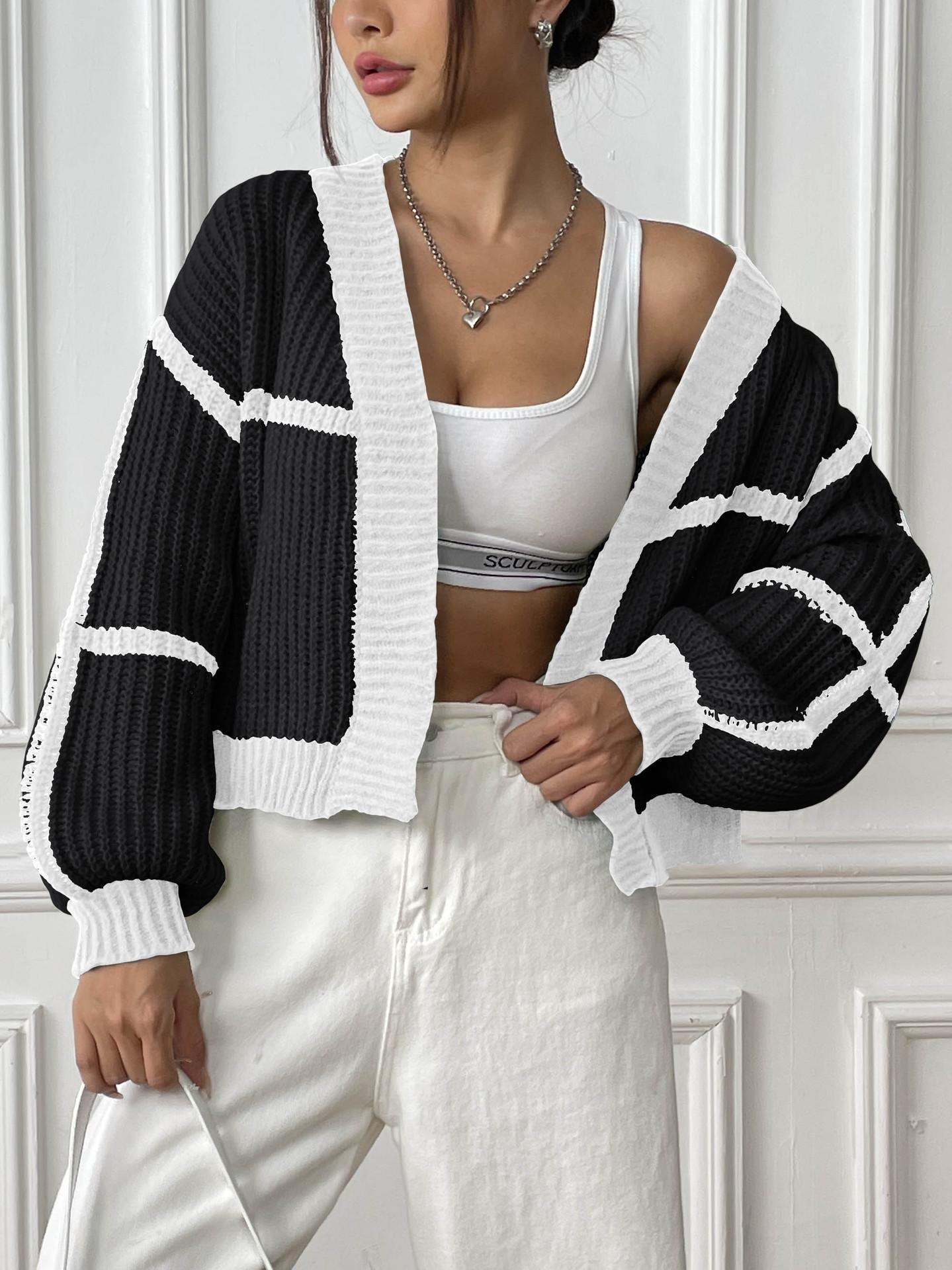 Women's Color-Block Cardigan Short Loose Lantern-Sleeve Sweater