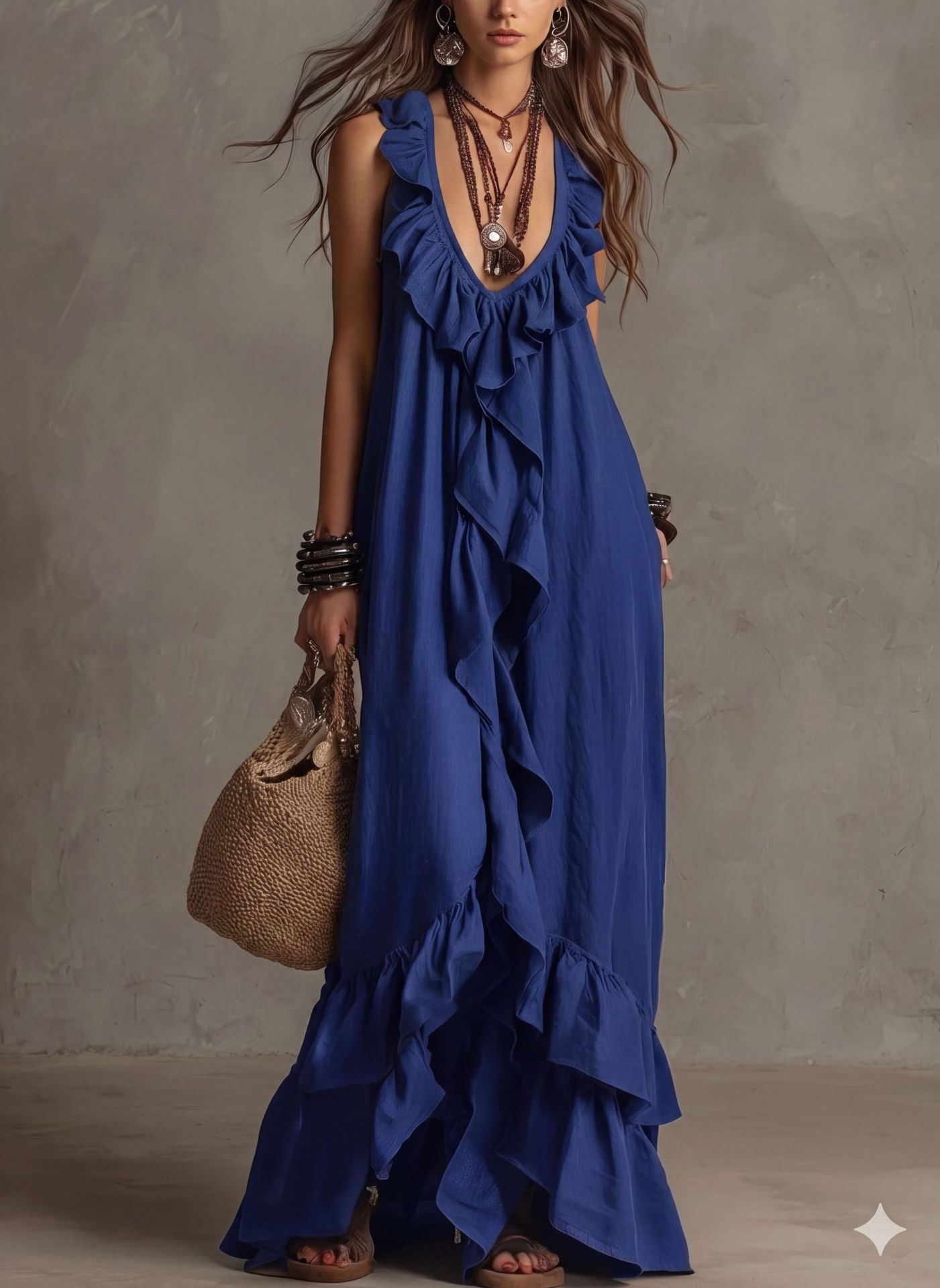 Boho V-Neck Ruffle Short Sleeve A-Line Midi Dress