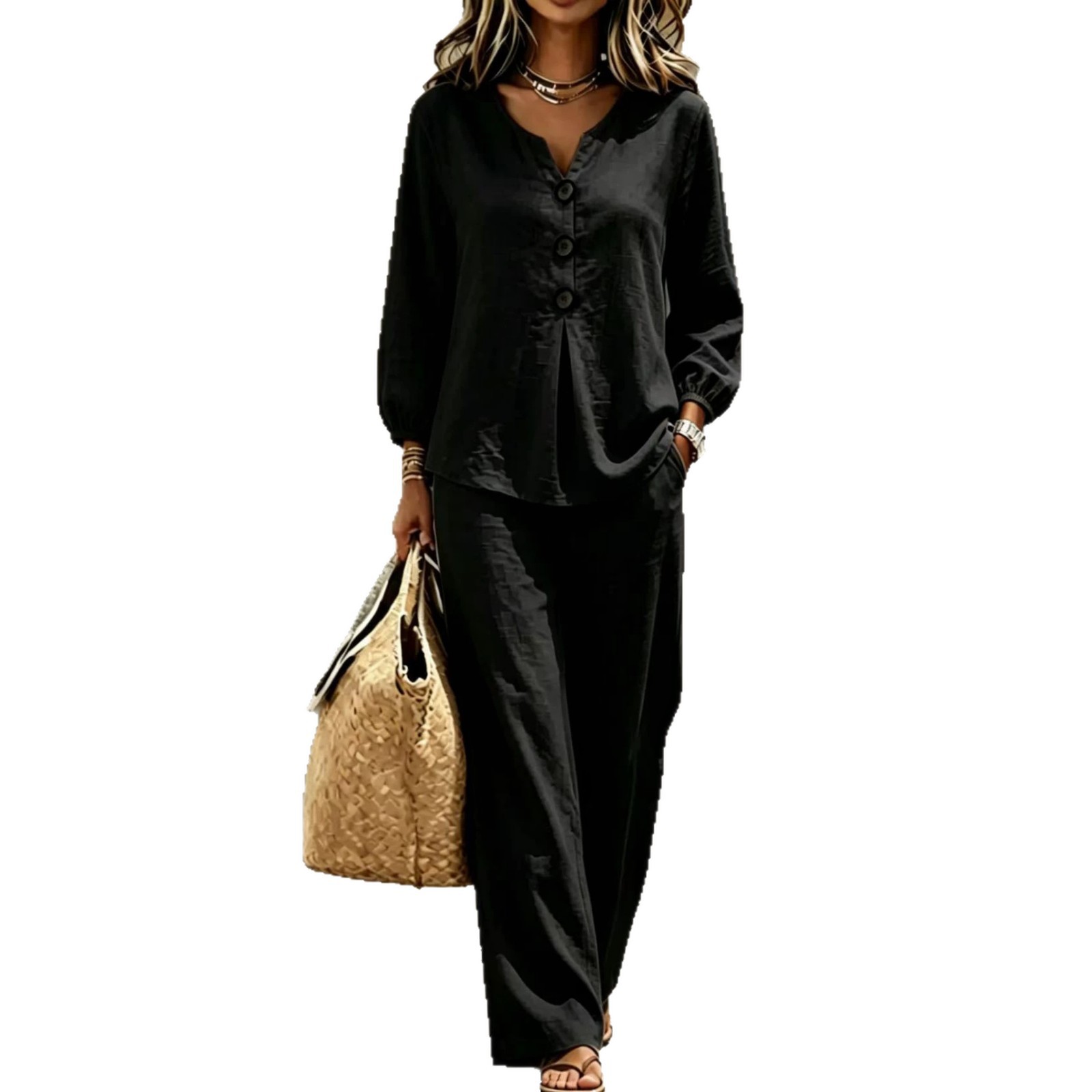 Women's Casual Button V-Neck Ruffle Long Sleeve Top and Pants Set