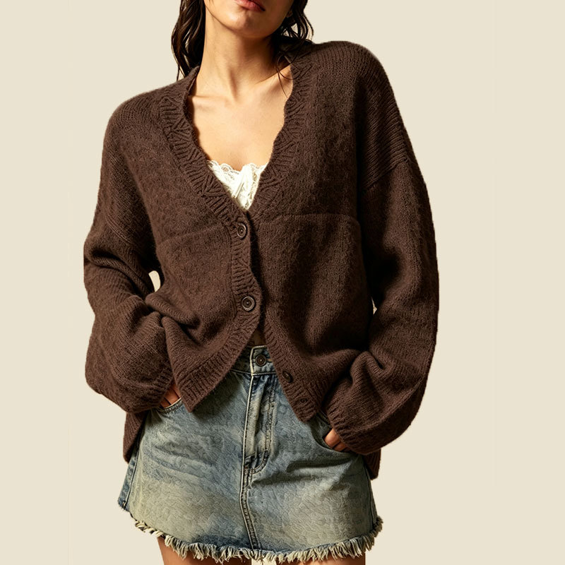 Women's Loose Knit Button-Front Cardigan with Pockets Long Sleeve Crew Neck