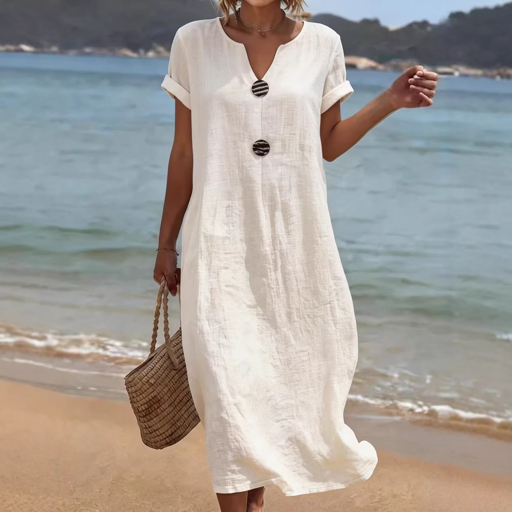 White Cotton-Linen Casual Dress for Women
