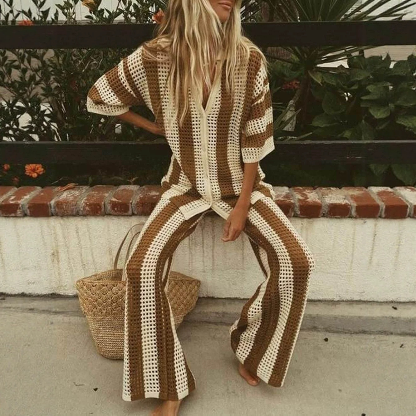 Women's Open-Knit Striped Cardigan and Pants Two-Piece Set