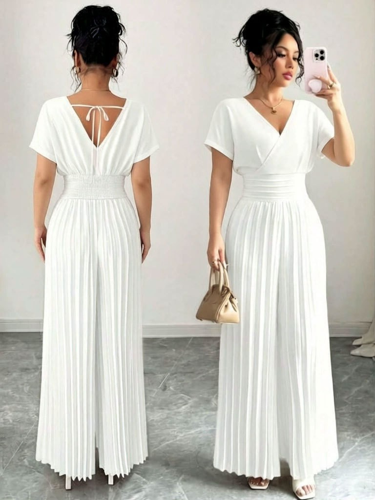 Elegant Solid V-Neck Pleated Waist-Defining Wide-Leg Jumpsuit