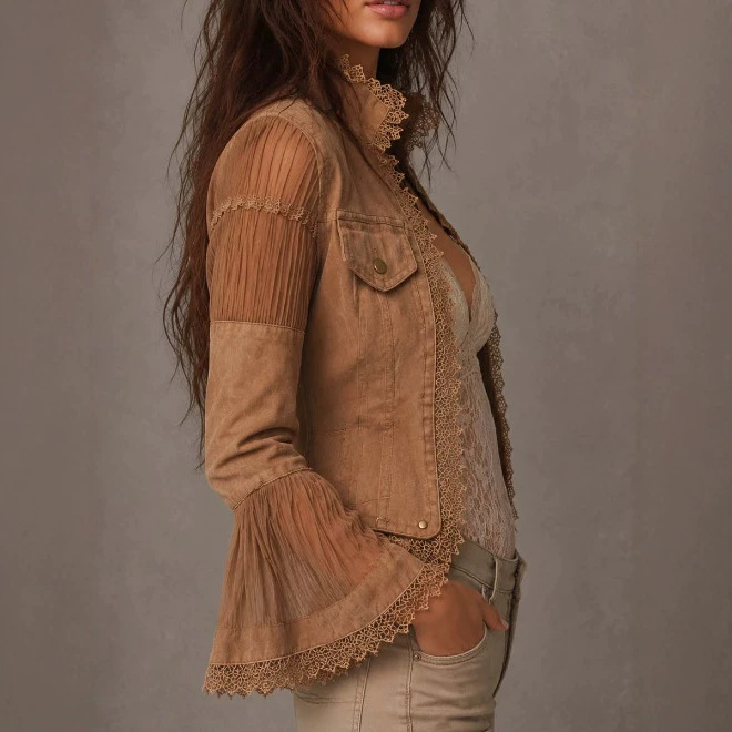 Boho Vintage Lace Trim Sheer Flared Long Sleeve Jacket