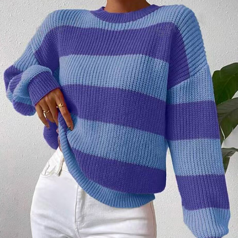 Striped Crewneck Pullover Sweater Loose Fit Long Sleeve Knit Top