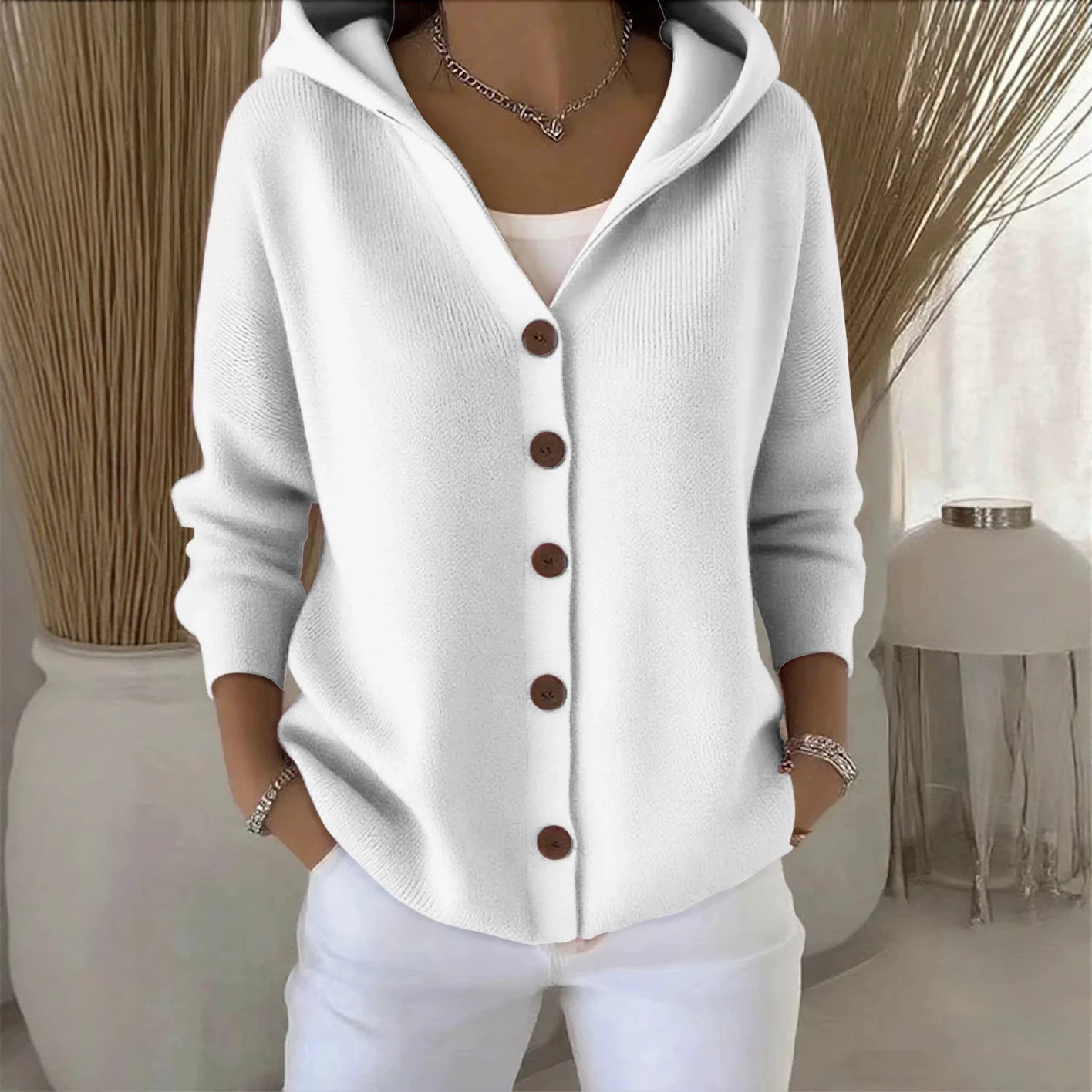 Women's Hooded Knit Cardigan Solid Color Casual Sweater Coat