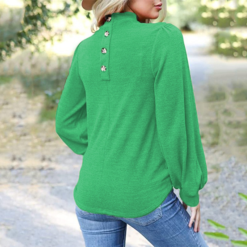 Button-Down High Neck Balloon Sleeve Loose Knit Sweater