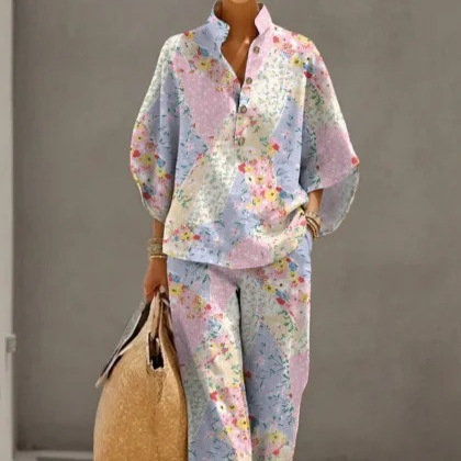 Women's Polka Dot Floral Print Long Sleeve Button-Up Top Set